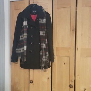 APT 9 Black Wool Pea Coat with Red accents and Black Scarf, Size Large